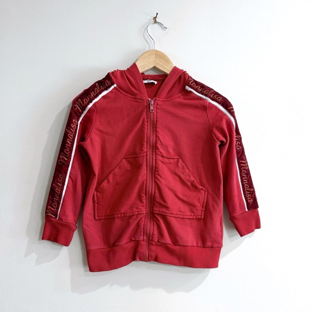Monnalisa Red Zip-Up Hoodie - Logo Tape Italian Designer Sweatshirt Girls Size 4